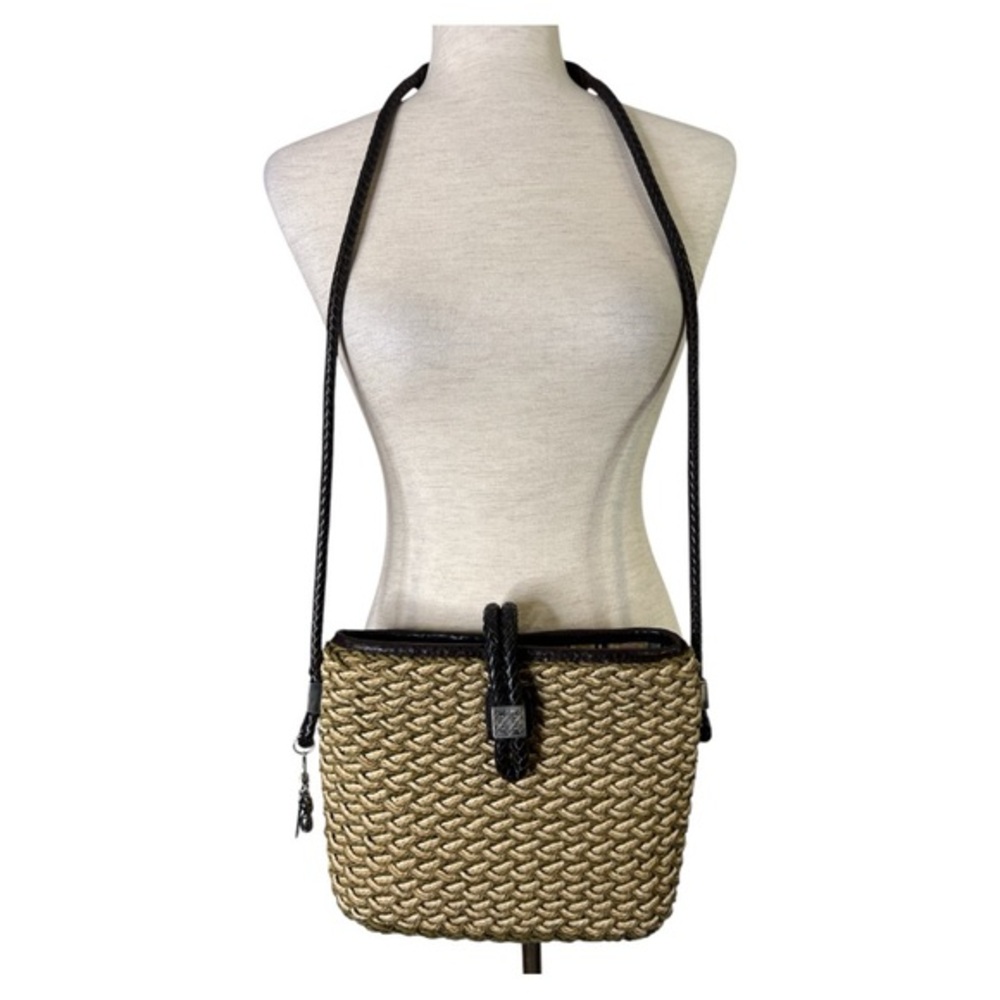 BRIGHTON WOMEN’S WOVEN STRAW JUTE LEATHER CROSSBODY SHOULDER BAG PURSE OLIVE TAN